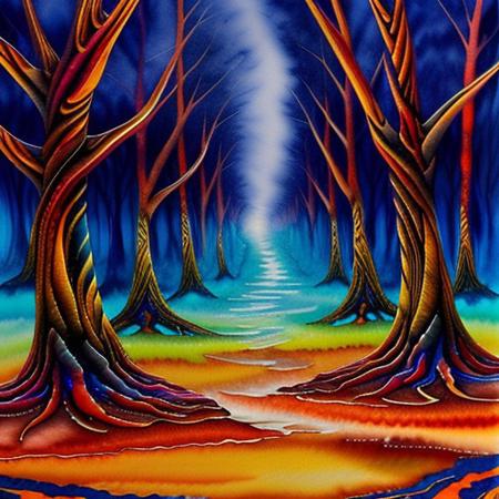 damascus steel, water colors print on a spooky dark forest  8k extreme detail,  realistic, perfect, no mistakes, amazing, epic, vibrant colors, blue, red, orange, explosion in the background