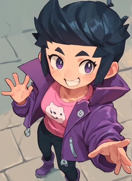 bsbibi , 1 girl , black hair , , short hair , sideburns ,cute , pompadour up , anime eyes  purple jacket, pink shirt,   black pants , boots  , navel