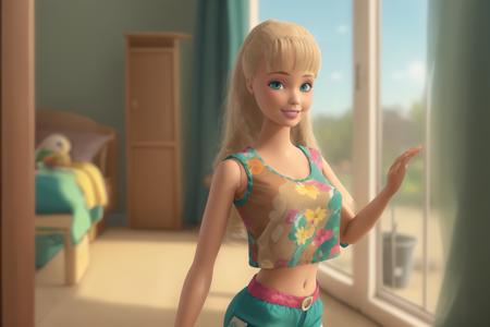 <lora:TS_Barbie-21:0.8>, (masterpiece, best quality), highres, (8k, RAW photo, highest quality), ultra-realistic, 3d, centered, (TS_Barbie), mid shot, (full body:1.2), beautiful, a cartoon girl standing in a colorful kindergarten classroom, blurry background, tank top, (brown shorts:1.2), blonde, long hair, in the style of pixar, brown shoes, (perfect lighting and composition:1),soft lighting, (high detail, 8K resolution:1), hdr:0.7, detailed face, perfect, (dynamic), pose, (high quality:1.2), plastic skin, ((shiny:1.3)), hourglass figure, smile, (depth of field:0.8), 50mm, film grain:0.7, fujifilmXT3, focus face, looking at viewer, blue eyes, (detailed eyes), floating particles, analog style, beautiful, light makeup, lipstick, (thick waist, thick arms, thick thighs:0.6), summer vacation, tropical, (amazing composition, lively), ((volumetric lighting)), window, curtains, ((depth of field)), (colorful:1.1)