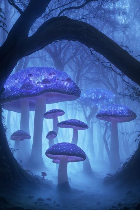 misty enchanted forest, glowing mushrooms scattered on the forest floor, ancient trees with twisting branches, soft blue and purple lighting, gentle fog rays through trees, fantasy magical vibe, high detail forest floor