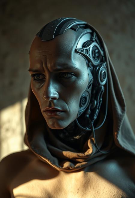 A cybernetic prophet, half-human, half-abstract form, predicting the downfall of civilization, dramatic portrait, natural lighting, soft shadows, deep emotional expression, muted earthy tones, ethereal atmosphere, textured background, delicate details, interplay of light and shadow, cinematic style, intimate focus, fine art photography, poetic and moody composition, storytelling through portraiture