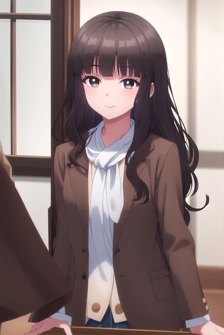 shihoko fujimiya, long hair, bangs, black hair, (brown eyes:1.5), blunt bangs, wavy hair, shirt, jacket, white shirt, coat, brown jacket,