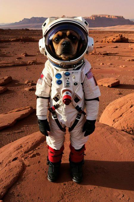 Picture a rakoon companion in a Martian settlement, embodying the spirit of exploration and companionship on the red planet,the dog, equipped with a specialized space suit for Mars, explores the rugged Martian terrain, filled with red rocks and distant mountains. The sky is a dusky pink, and the Earth can be seen in the sky, far away. The dog's suit is equipped with various sensors and life-support systems, and its pose suggests curiosity and alertness as it navigates this new and challenging environment.