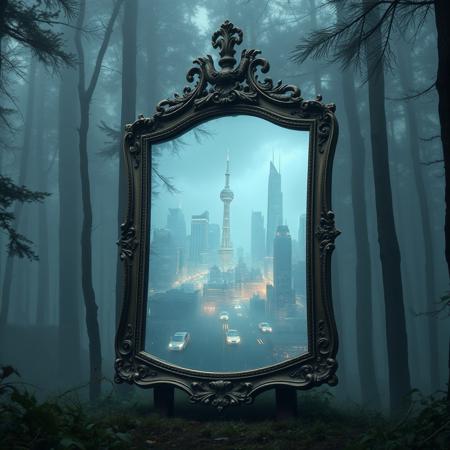 A freestanding, antique mirror sits in a dense, foggy forest, (but instead of reflecting the forest, it shows an entirely different world:1.4). Inside the mirror, a futuristic cityscape with flying vehicles and glowing skyscrapers pulses with life.Hyperrealistic glass textures, intricate alternate realities, and dramatic atmospheric effects.