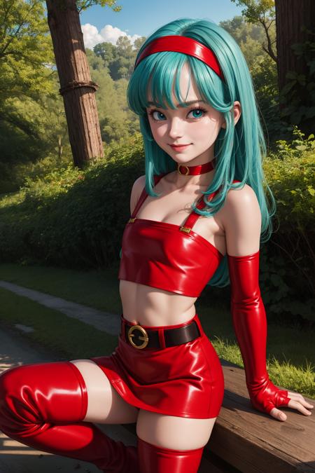dbgtbra,1girl,solo,aqua hair,straight hair,long hair,aqua eyes,red hairband, red thighhighs,bare shoulders,collarbone,red boots,midriff,shiny,red belt,zettai ryouiki,red crop top,red skirt,thigh boots,red footwear,red tube top,neck ring,yellow choker,red miniskirt,bridal gauntlets,red gauntlets,tube top,leather,