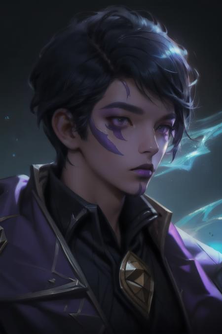 1 boy, black hair, Aphelios, facial mark, purple facial scar under mouth