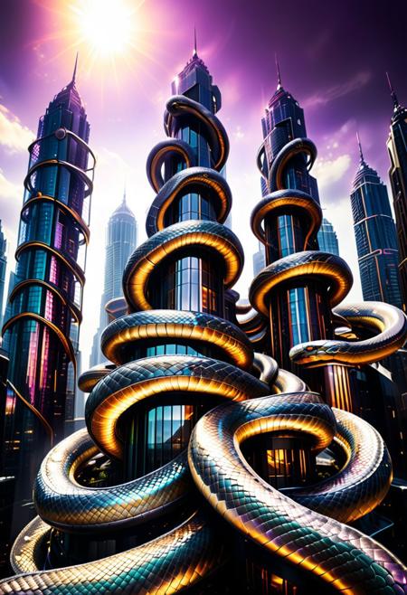 sn4ke, futuristic cityscape, skyscrapers twisting like enormous serpents, metallic scales of solar panels reflecting iridescent sunlight, intricate snake-like patterns, vibrant sky hues of amber and violet, ultra-modern urban design, dynamic shapes, lens flare accents, eco-futurism, hyper-detailed textures, glowing energy grids, atmospheric haze, surreal architectural innovation, cinematic lighting