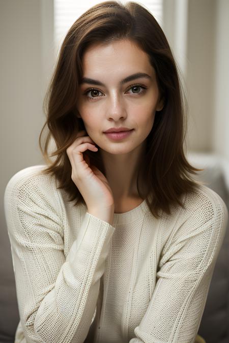 Photo of lidiasav, pale girl, candid, no makeup, natural beauty, closeup face shot, staring into lens, wearing ribbed knitted sweater, teasing, seductive, smirk, bright daylight, straight messy hair