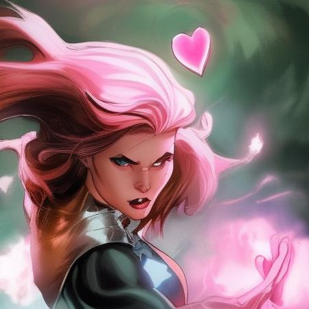 cozmikduzk1, a cartoon girl with pink hair, pointing at camera with her finger , heart logo design, upper_body, shirt_open, large_breasts, incredibly detailed beauty, rainbow hair, cinematic lighting, superhero pose,  extremely detailed, joe madureira, arterm, wlop,  cozmikduzk1