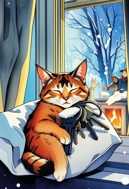 Paint a serene yet dynamic watercolor scene in the Flux art style, where a sleeping cat is *fully nestled within a keys in a keychain*. The cat’s body, rendered in soft, cat color brown with a little orange and a little white with a black M in his forehead, in a soft pillow near to a house window, inside an apartment with a fireplace warm, outside a heavy snowfall a a group of desesperate people  in coats freezing hitting on the window trying to get the cat's attention