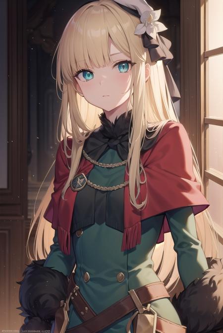 fgoreines, <lyco:reines-lyco-nochekaiser:1>,
reines, blonde hair, (green eyes:1.5), long hair, bangs, blunt bangs, (small breast:1.2),
BREAK beret, black headwear, black ribbon, blue dress, brown gloves, dress, flower, fur collar, fur trim, fur-trimmed sleeves, gloves, hair flower, hair ornament, hair ribbon, hat, long sleeves, ribbon, rose, tilted headwear, white flower, white rose,
BREAK looking at viewer,
BREAK indoors,
BREAK <lyco:GoodHands-beta2:1>, (masterpiece:1.2), best quality, high resolution, unity 8k wallpaper, (illustration:0.8), (beautiful detailed eyes:1.6), extremely detailed face, perfect lighting, extremely detailed CG, (perfect hands, perfect anatomy),