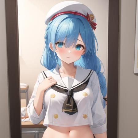 (masterpiece, best quality:1.2),illustration,absurdres,8k,hd,1girl,solo,upper body,(portrait:1.2),janus (fear of changing...clothes) (azur lane),adjusting clothes,ass,blue eyes,blue hair,braid,hat,mirror,navel,revealing clothes,sailor collar,school bag,school uniform,very long hair,white headwear,white pantyhose,white shirt,<lora:Janus(azur)>,