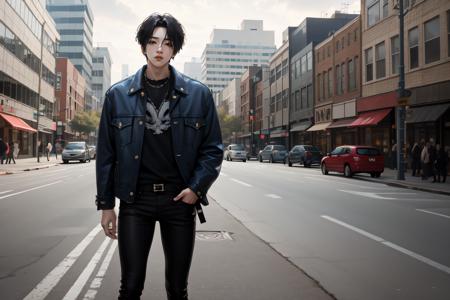 ((1man)), man, wooseok, short hair, black hair, holding, jacket, male focus, solo focus, day, black jacket, black pants, denim, building, jeans, city, sign, realistic, road, street, real world location, hyper detail, hyper realistic, Portrait, Long shot, portrait photo, hyper realistic, <lora:Wooseok:0.9>