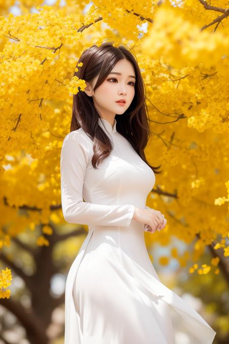 a women in white aodai under the yellow mai tree, realistic:1.2, masterpiece, best quality