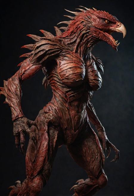 Frontal view. looking forward, looking viewer, full body, realistic professional photography, monster werebird woman, brown and red, cinematic lighting, perfect shading, amazing composition, dynamic angle, 35mm photograph, best quality, masterpiece