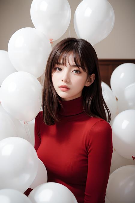 real human skin,RAW photo, fashion portrait photo of beautiful young woman from the 60s wearing a red turtleneck standing in the middle of a ton of white balloons,taken on a hasselblad medium format camera,film grain,Fujifilm XT3,<lora:GoodHands-beta2:1>