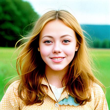 analog style photo of a jenny-agutt3r-t2, light freckles, beautiful face, 22 years old, realistic textures, country, farm, open smile, retro, 1970s