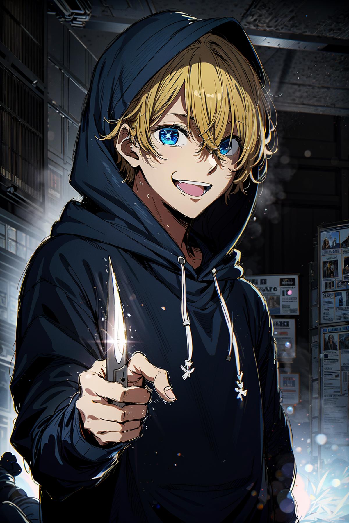A boy wearing a hoodie and holding a knife.