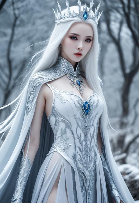 Gothic style Tilt-shift photo of   . , .Selective focus, highly detailed, vibrant, perspective control,, <lora:Waifu Style-Du Qiong-000008:0.25>,Du Qiong,, fantasy artwork concept,ice queen,beautiful ancient frost queen,ghostblade,long straight pure-white hair,very pale silvery-gray eyes,extremely pale porcelain-like skin,slender and graceful,tall and statuesque,flowing high-collared dresses and cloaks in shades of white,gray,and silver,by WLOP,by Bayard Wu, . Dark, mysterious, haunting, dramatic, ornate, detailed