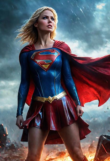 High resolution ultra-realistic of Beautiful Supergirl fighting against alien invasion, cinematic style, standing on a bloody and stormy battlefield in a fighting pose, bloody massacre, realistic blue combat costume, red mini skirt, red cape, perfect athletic figure, wavy blonde hair, handsome dirty bloody face, beautiful perfect detailed pupils, wet oily shiny skin,covered in dirty and blood, beautiful firm Breasts, defiant and seductive, attractive 21 year old girl, 8k resolution concept art portrait by Greg Rutkowski, Dark Gotham City, Artgerm, WLOP, Alphonse Mucha, dynamic lighting, hyperdetailed, intricately detailed, Splash art trending on Artstation triadic colors, Unreal Engine, 5 volumetric lighting, Cinematic Lighting, intricate, smooth, sharp focus digital painting, Asymmetrical Balance, painting, dynamic lighting