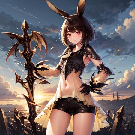 (masterpiece, best quality, highres), a portrait of a girl wearing a see-through yellow dress,  she has a single horn like a unicorn and rabbit ears,  1girl,  solo, short hair, red eyes, shorts, animal ears,  single horn, armor, hand on hip, black shorts, detached sleeves, brown hair, short shorts, rabbit ears, see-through, black hair, looking at viewer, cloud, sky, dress, gloves,  standing, bangs, cloudy sky, shoulder armor, bob cut, gauntlets, , cowboy shot, outdoors, brown eyes, black gloves, pauldrons, bike shorts, breasts, fantasy, yellow dress, small breasts, blunt bangs, breastplate, light particles, vambraces, parted lips, closed mouth,  thighs, long sleeves, armpits, short dress  <lora:RaminaV1:1>