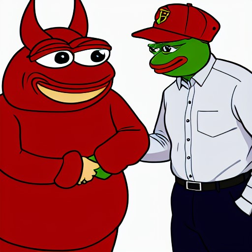 cartoon PepeFrog shaking hands with a red devil demon <lora:PepeFrog:0.75>