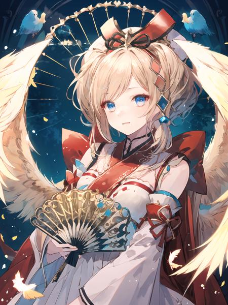 masterpiece,best quality,highres,cinematic lighting,dramatic angle,<lora:ResplendentPhoenixV1:0.8>,1girl,light blonde hair,twintails,hair ornament,ribbon,bowit,eblue eyes,looking at viewer,white dress,detached sleeves,red skirt,folding fan,hand fan,wide sleeves,wings,happy,birds around,shy