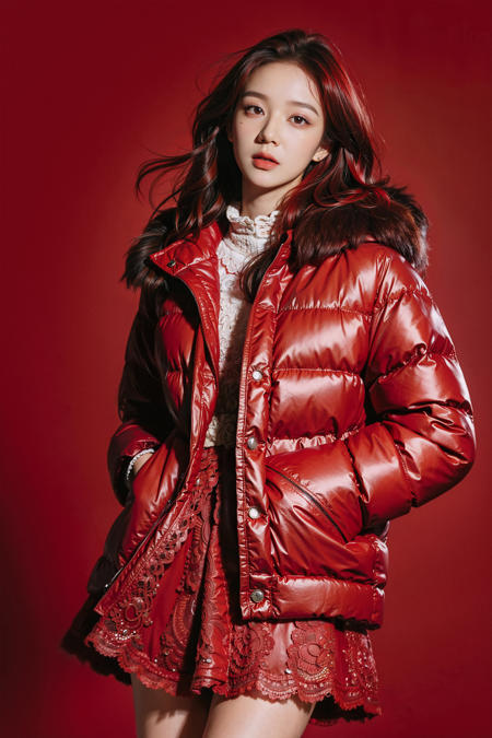 (masterpiece, top quality, best quality, ((standing in centre)), (1girl, red hair, upper body),  ((wear an red oversize fur lace down jacket,  lace skirt)),  studio light, emotional face,  extreme detailed, (red background), highest detailed.