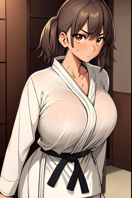 (exceptional, best aesthetic, best quality, extremely detailed), 1girl, solo, shikki, serious, looking_at_viewer, karate_gi, sweat, dojo