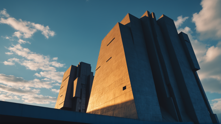 technobrutalist, cinematic color grading, golden hour, blue sky, clouds, scenery, in a skilled Permanently Lit Peaks<lora:EnvyTechnobrutalistXL01:0.5>