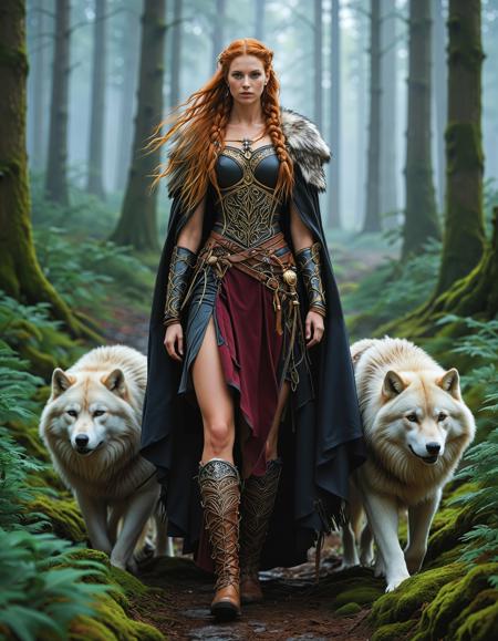 freyja, auburn hair, braided hair, magic, forest, viking queen, mythic beauty, <lora:NBN-Freyja_NordicByNature:0.8>, <lora:NordicByNature:0.8>,The Wolf Companion, A fearless nbn-freyja standing beside a massive wolf, her leather armor blending with the rugged Nordic landscape.,low light, soft natural light, Rembrandt style light, Hasselblad DLSR camera, 200mm Zeiss lens, f/2.8, clear focus, high resolution image, ,Sexy pose, erotic pose, exhibitionism, ,Canal house