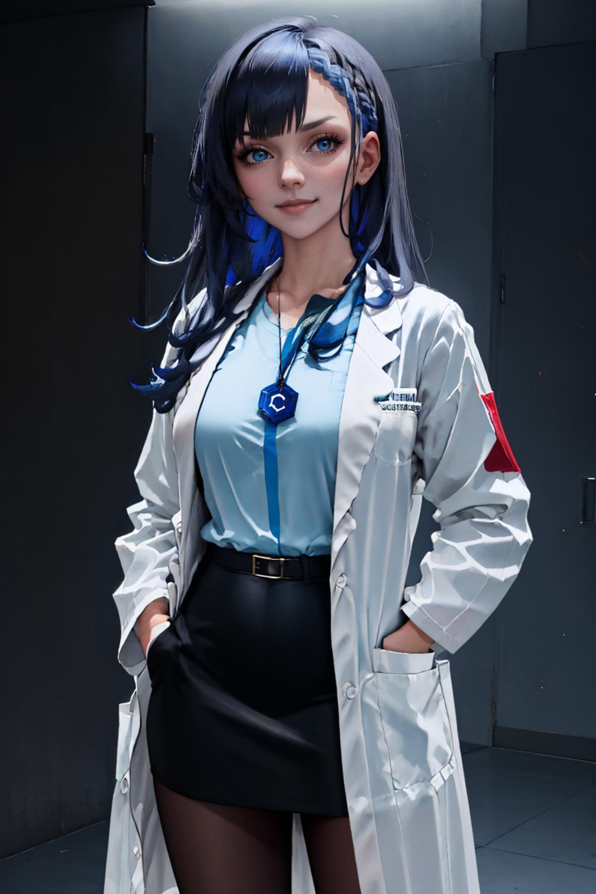Anime-style female character dressed in a medical coat and skirt.