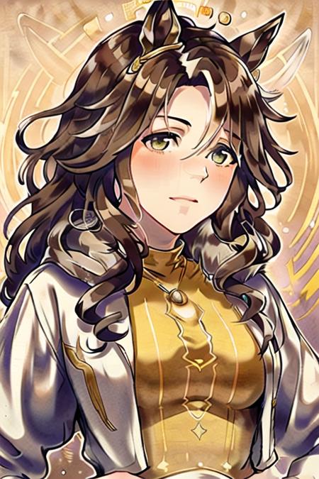 by Alphonse Mucha, tarot card, masterpiece, original, illustration, an extremely delicate and beautiful, extremely detailed CG unity 8k wallpaper, dynamic

umamusume,   <lora:Mejiro Palmer:0.8>, brown hair, animal ears, horse ears, hair_ornaments, white jacket, yellow shirt