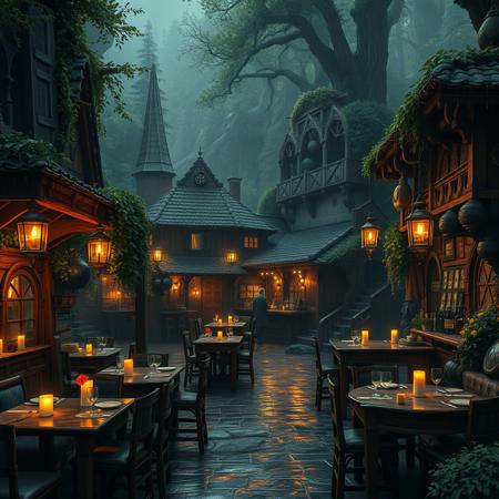 (masterpiece hyperrealisitic, medium format camera shot, fantasy concept art 8k, high quality, detailing, textures)  Imagine a perfect fantasy tavern with cozy candle light, rain reflections,  by the river and a part of a large fantasy hyperrealisitic bustling port town city nestled between a verdant, ancient forest, encircled by cliffs and city bridges across the river used for logging, taking it to the perfect pirate ships and the crashing waves of the vast, unexplored ocean.