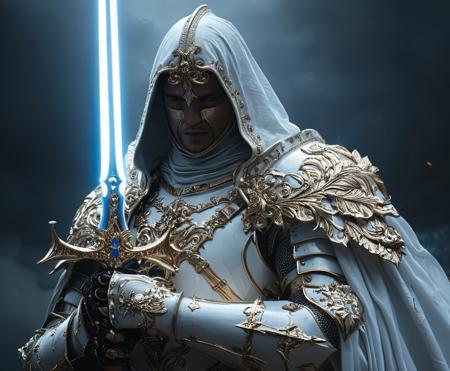 cinematic still A stunning, highly detailed dark fantasy full body illustration of a proud angelical warrior wearing intricate medieval white HKStyle armor and an epic white ornamented mask, holding a great golden glowing sword, golden and blue glooming eyes, very wide shoulders, wearing big gauntlets, epic composition. The warrior stands heroic with a flowing cloak and white hood during a storm with foggy gloom, thunderclouds in the background . The scene depicts him with brooding emotional agony , style by Greg Rutkowski, by Milo Manara and Russ Mills, with insanely intricate details and textures, gloomy dramatic lighting, 8K resolution . emotional, harmonious, vignette, 4k epic detailed, shot on kodak, 35mm photo, sharp focus, high budget, cinemascope, moody, epic, gorgeous, film grain, grainy, (masterpiece), (best quality), (ultra-detailed), A stunning, highly detailed dark fantasy full body illustration of a proud angelical warrior wearing intricate medieval white HKStyle armor and an epic white ornamented mask, holding a great golden glowing sword, golden and blue glooming eyes, very wide shoulders, wearing big gauntlets, epic composition. The warrior stands heroic with a flowing cloak and white hood during a storm with foggy gloom, thunderclouds in the background . The scene depicts him with brooding emotional agony , style by Greg Rutkowski, by Milo Manara and Russ Mills, with insanely intricate details and textures, gloomy dramatic lighting, 8K resolution, illustration, disheveled hair, detailed eyes, perfect composition, moist skin, intricate details, earrings, by wlop, A stunning, highly detailed dark fantasy full body illustration of a proud angelical warrior wearing intricate medieval white HKStyle armor and an epic white ornamented mask, holding a great golden glowing sword, golden and blue glooming eyes, very wide shoulders, wearing big gauntlets, epic composition. The warrior stands heroic with a flowing cloak and white hood during a storm with foggy gloom, thunderclouds in the background. The scene depicts him with brooding emotional agony, style by Greg Rutkowski, by Milo Manara and Russ Mills, with insanely intricate details and textures, gloomy dramatic lighting, 8K resolution, extremely beautiful, cinematic, vibrant colors, ambient light, dynamic, energetic atmosphere, creative, elegant, deep aesthetic,, pretty, fantastic