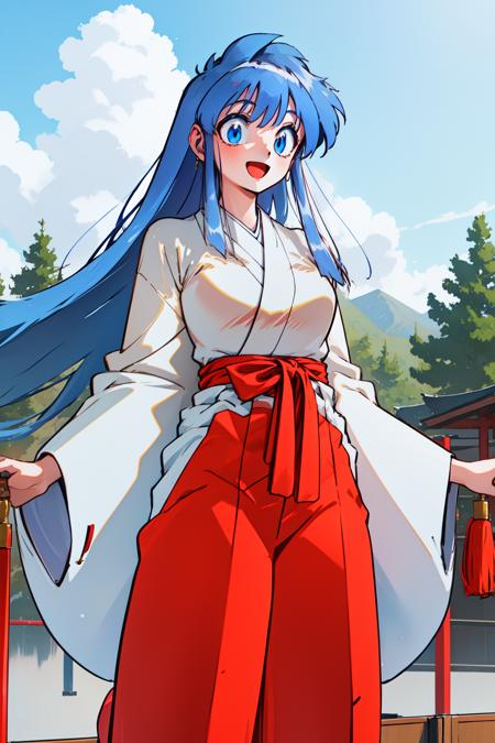 1girl, (outdoors:1.2), sky, smile, open mouth, standing, cowboy shot, 
okinu-chan, blue eyes, blue hair, sidelocks, long hair, very long hair, low-tied long hair, white kimono, japanese clothes, long sleeves, miko, red hakama, red hakama skirt, <lora:okinuchan_lola_ver1:0.7>, best quality, masterpiece, highres, <lora:GoodHands-vanilla:1>