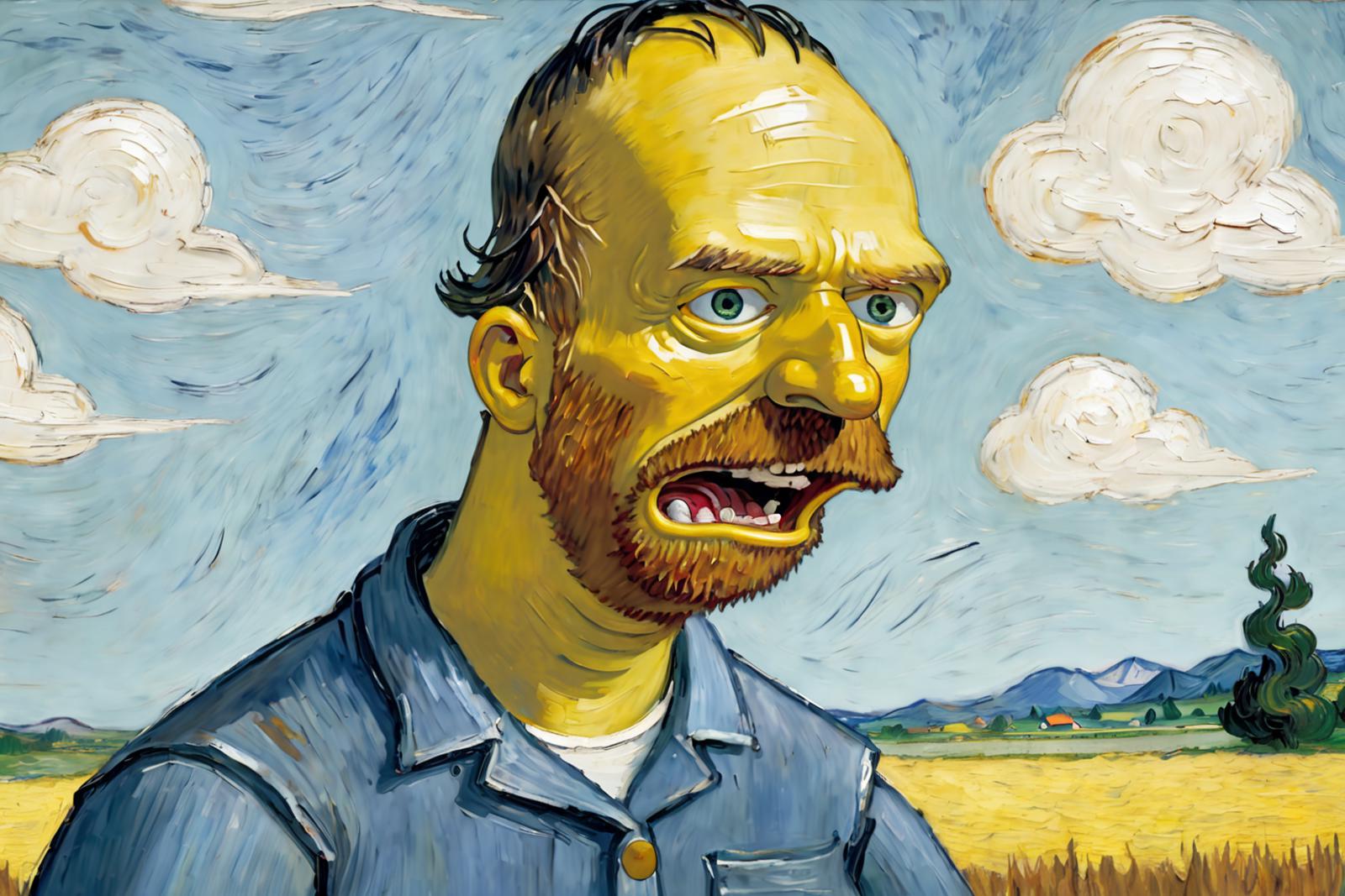 A painting of a man with a red beard and mustache screaming in front of a blue sky with clouds.
