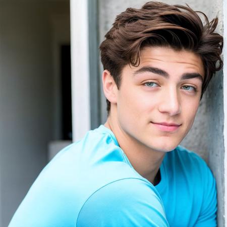 In this photo of 20-year-old Asher Angel, he stands with his back to the camera, turning his head to face it. His eyes are a deep and captivating blue, framed by long lashes. His eyebrows are well-groomed, and his straight nose complements his facial features. His lips are naturally plump, giving him a youthful look.
As he looks at the camera, there's a subtle intensity in his expression,. The light in his eyes adds depth to the photo. The image also reveals the strong contours of his back and shoulders, hinting at his athletic physique.backview, face, perfect eyes, wearing black shirt