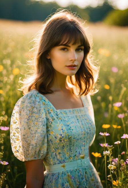 poster image, half body, 1girl,  1960's style, Mod Fashion Icon, Shadow art, atmosphere of neon lights, romance, fairytale, bathed in the soft, warm glow of natural light, She stands among a meadow of wildflowers, with sunlight streaming through, high ISO and long shutter speed, Add subtle imperfections from jpg compression artifacts, nostalgic vibe, bokeh effects, 4K resolution
