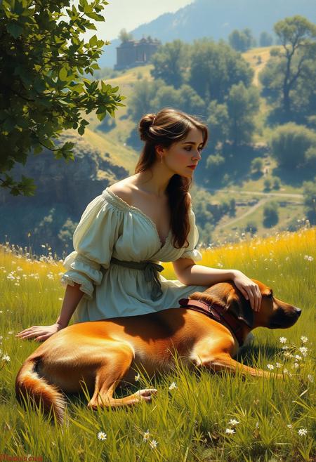 A young woman sitting in a sun-dappled meadow, a loyal dog resting beside her, painted with detailed realism, while the surrounding scenery glows with idyllic warmth.
academic painting, historical realism, Renaissance perspective, dramatic lighting, geometric composition, rich textures, stylized figures, battle scenes, detailed drapery, chiaroscuro, mythological themes, deep depth, intricate ornamentation, harmonious color palette
