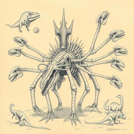 weird cryptic sketch, fossils, animals, multi armed, spikes, regenerative crystals, multiple dinosaur skeletons, 200 legged creature with dinosaur skulls on the ends, spines, bones, creature, ribs, ugly