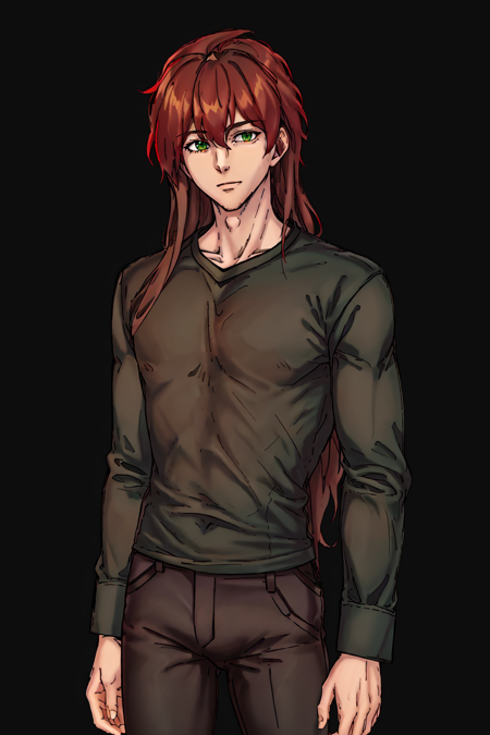 Duskfallcrew Art Style, solo, long hair, looking at viewer, simple background, brown hair, shirt, 1boy, green eyes, male focus, pants, black background, red shirt, <lora:DuskArtV7:0.8>