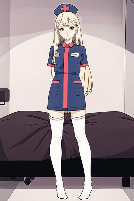 long_hair,red_eyes,blonde_hair,staring,((slim legs)),(white_thighhighs),(no shoes),sleeves,flat_chest,nurse cap,((nurse)),flat color,petite,solo,staring,full body,on bed,staring,nurse,,