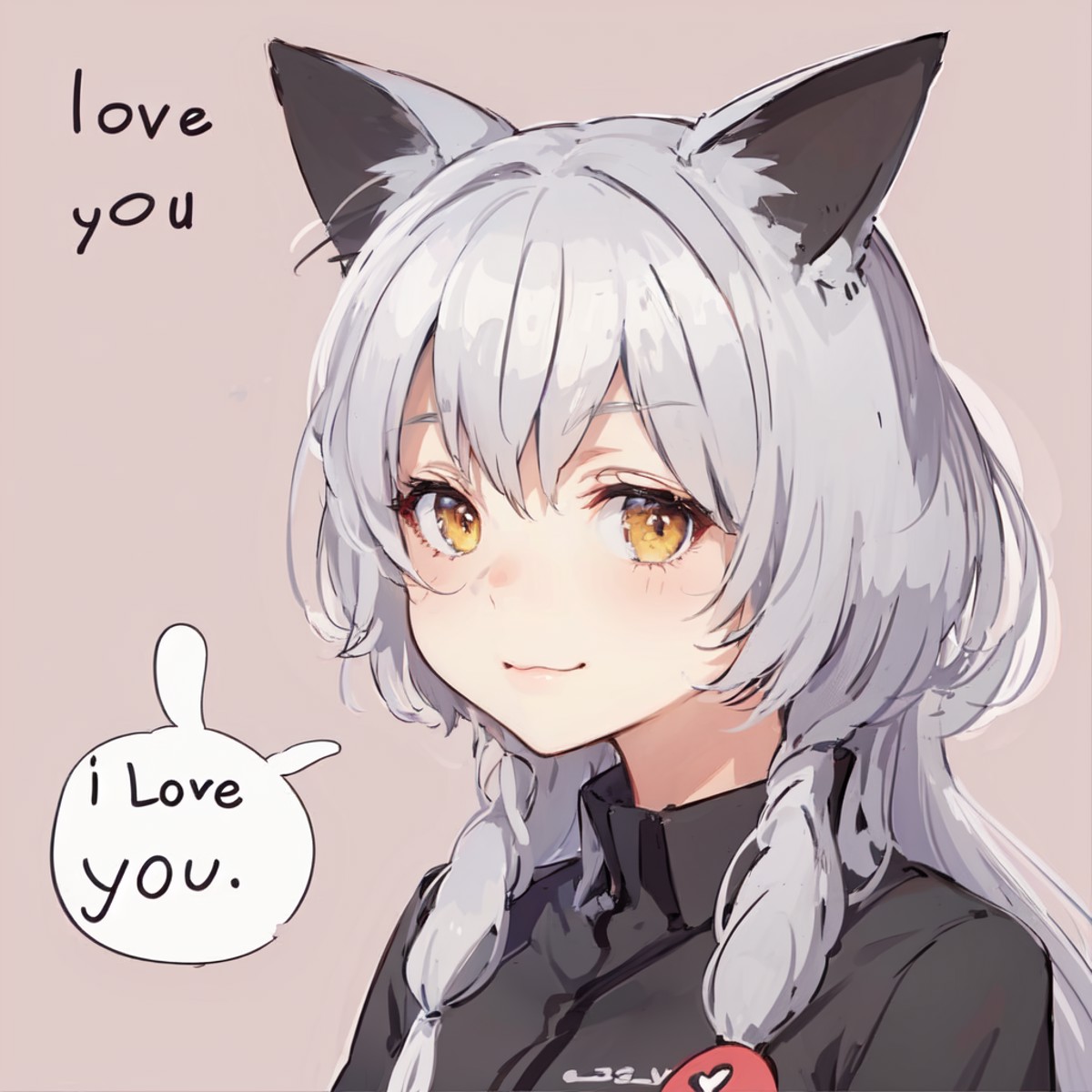 anime, a catgirl with text says "I love you", :3, catmouth, smug