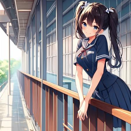 1girl,  resting arms on school railings,  leaning,  outdoor corridor,  second floor,  twintail,  uniform,  wind,  smile,  raining,<lora:EMS-213001-EMS:0.800000>