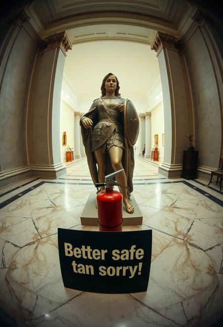 “Create an image of a statue of Giovanna d’Arco (Joan of Arc) displayed in a museum setting, shot using a Hasselblad camera with 12mm fisheye optics. The statue should have a classic, realistic style, capturing the figure in her iconic armor, holding a sword and shield. The setting is an elegant, spacious museum with marble floors and soft lighting highlighting the statue. Near the base of the statue, there should be an extinguisher (extintor) subtly placed in the scene, offering a contrast between the historical figure and the modern, functional object. In the foreground, include a small panel with the text ‘Better safe than sorry!’ in bold, plastic extruded characters, with a 3D glossy plastic finish. The fisheye lens should distort the perspective slightly, creating a dynamic, wide-angle view that enhances the contrast between the ancient statue and the modern safety feature, adding a surreal and playful touch to the composition.”