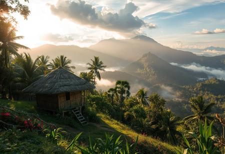 A serene, picturesque valley in the Philippines with lush greenery, gentle sunlight filtering through tropical trees. A traditional Nipa hut (Filipino bahay kubo) sits peacefully on a hilltop or slope, overlooking a majestic mountain range in the background. The hut is made of bamboo and thatched palm leaves, surrounded by vibrant flowers and native vegetation. Mist rises gently from the valley below. Soft golden-hour lighting enhances the tranquil atmosphere. Realistic, high detail, cinematic quality.