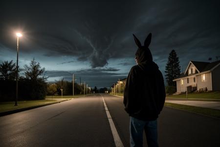 raw photo of a a scene inspired by the film 'Donnie Darko' in a suburban neighborhood at twilight with an eerie and surreal atmosphere. Donnie, a troubled teenager with a contemplative expression, stands in the middle of the road, dressed in a hoodie and jeans, gazing up at the ominous blue sky swirling with dark clouds. Beside him is the enigmatic figure of Frank, the giant rabbit with a haunting face, partially in shadow. The surrounding houses are cast in deep shadows, creating a sense of unease. In the background, a water tower resembling the one from the film looms, with scattered artifacts hinting at time travel and the movie's narrative. The scene is bathed in a cool, moonlit glow with soft light from streetlamps, capturing the essence of 'Donnie Darko,' blending normalcy with the bizarre, and reality with dark, dreamlike elements.