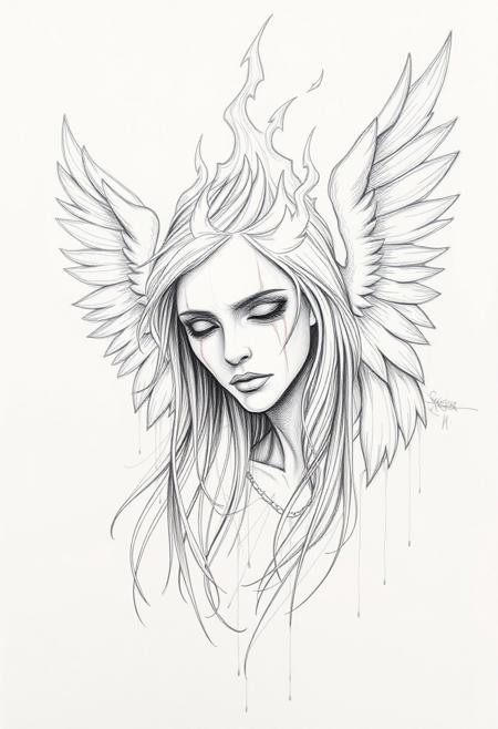 Pencil sketch portrait of a fallen angel, burning in hell fire. Fine lines minimalistic monochrome sketch drawing. Pencil skretchs everywhere on the paper.