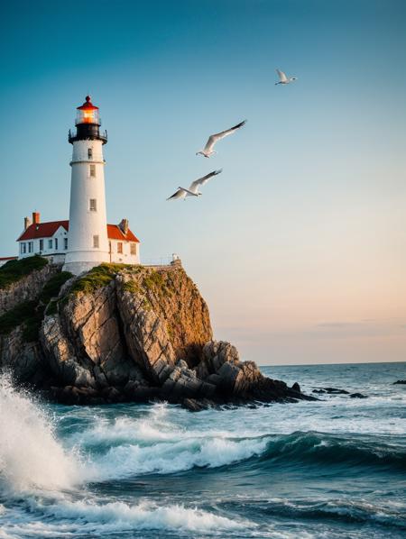 multi-tiered lighthouse, rocky island, network of walkways, turbulent sea, white foam, seagulls, night